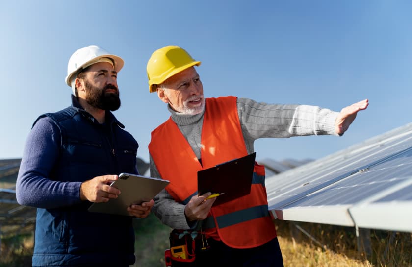 Two solar technicians in hard hats inspecting a solar panel array