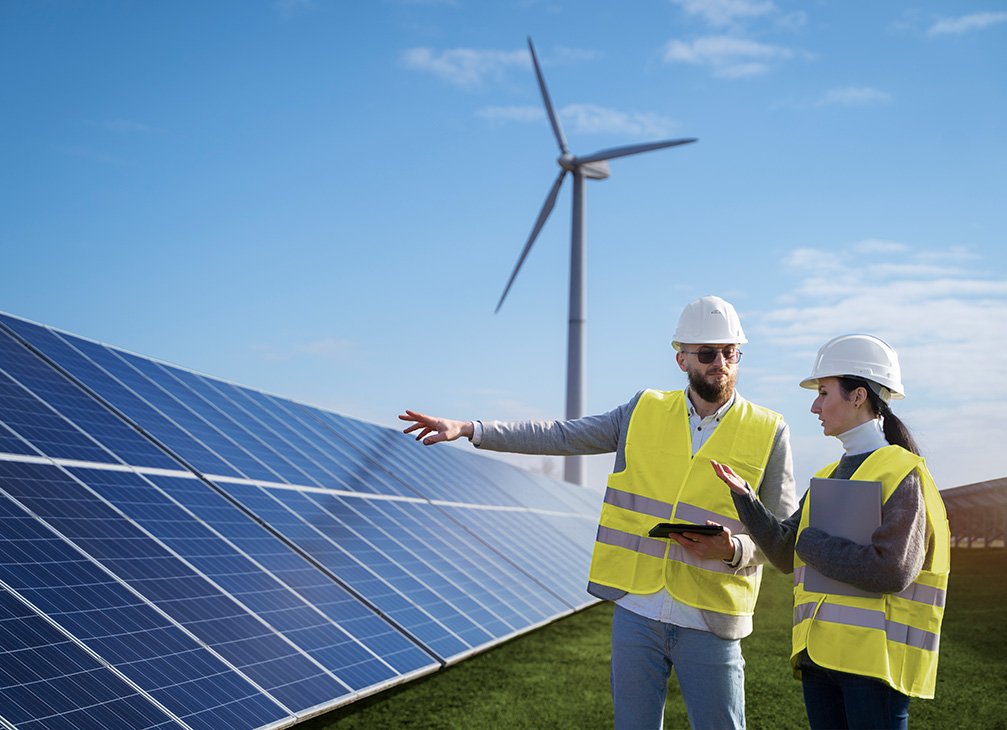 Two engineers in hi-vis vests reviewing a solar farm, with a wind turbine behind
